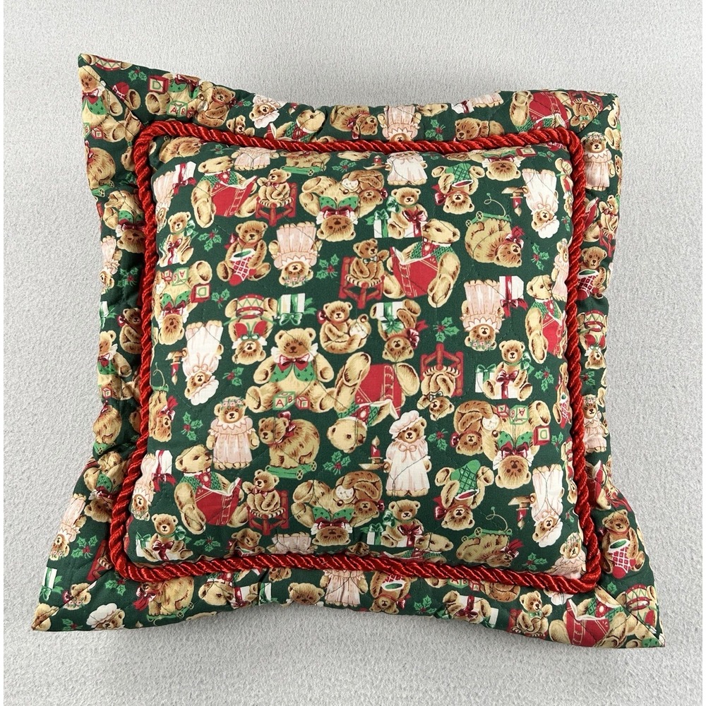 VTG Teddy Bear Christmas Square Throw Pillow Quilted Handmade 14"